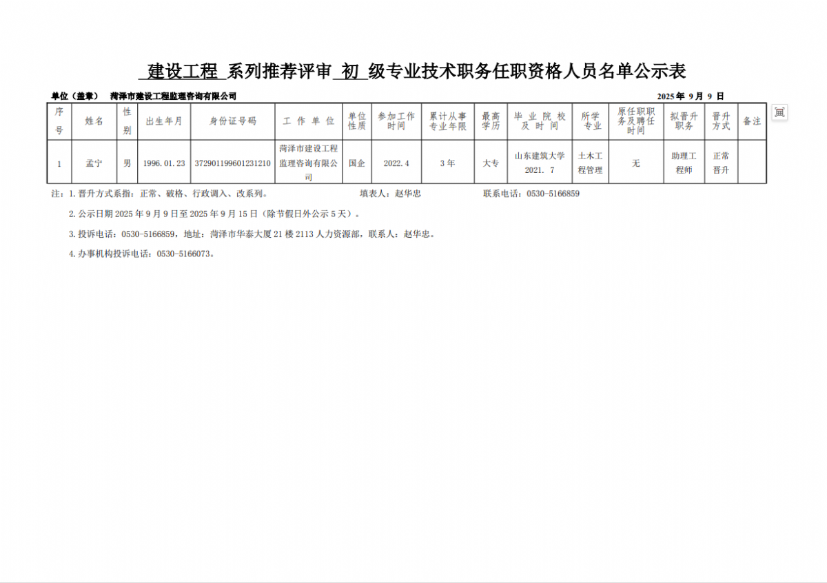 2025年申報(bào)評(píng)審系列推薦評(píng)審初級(jí)專業(yè)技術(shù)職務(wù)任職資格人員名單公示表